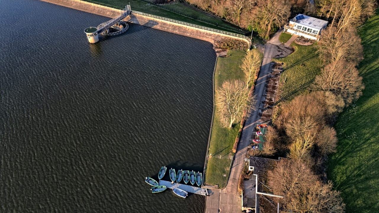 Aerial view of Weir Wood reservoir, pontoon and clubhouse