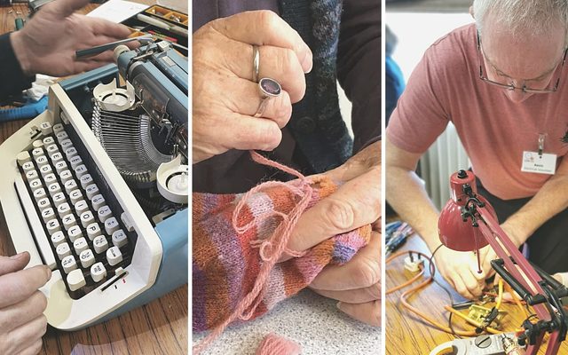 Volunteers repairing a typewriter and other items at Forest Row Repair Cafe