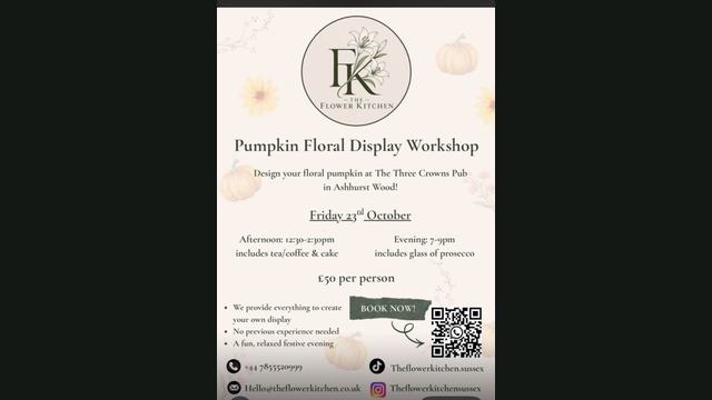 Floral pumpkin workshop flyer from The Flower Kitchen and Tulle & Bloom