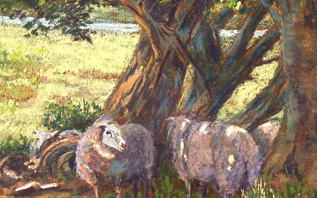 Pastel landscape of sheep under a tree, by Cogcraft Concepts