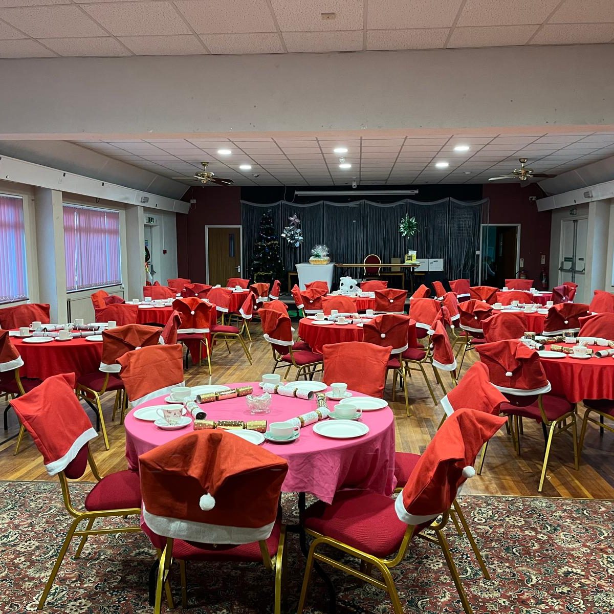 Freshfield Hall at Forest Row Village Club, set for an evening